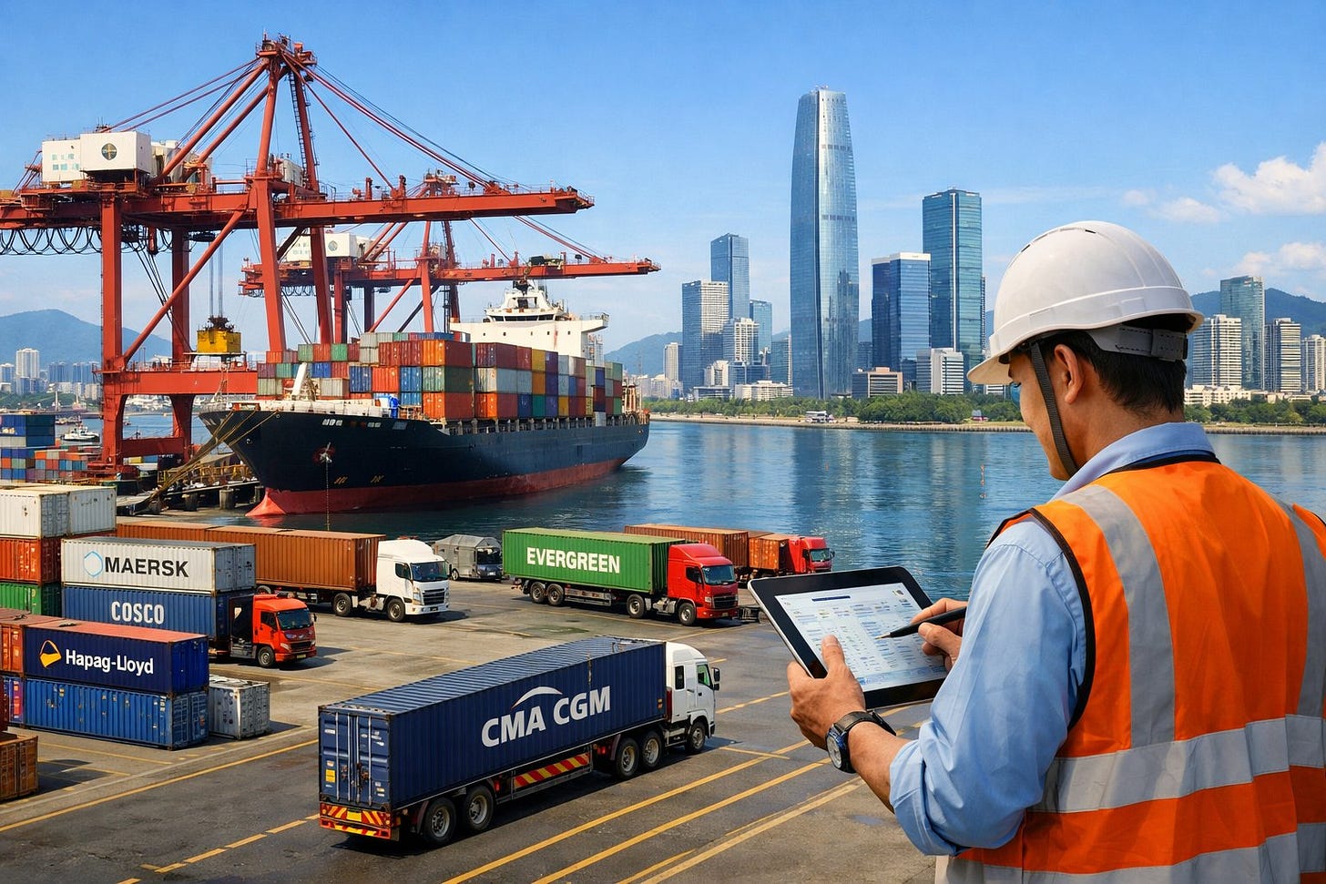 A freight forwarder at a busy port with cargo ships, cranes unloading containers, trucks, and a city skyline in the background. A freight forwarder at a busy port with cargo ships, cranes unloading containers, trucks, and a city skyline in the background.
