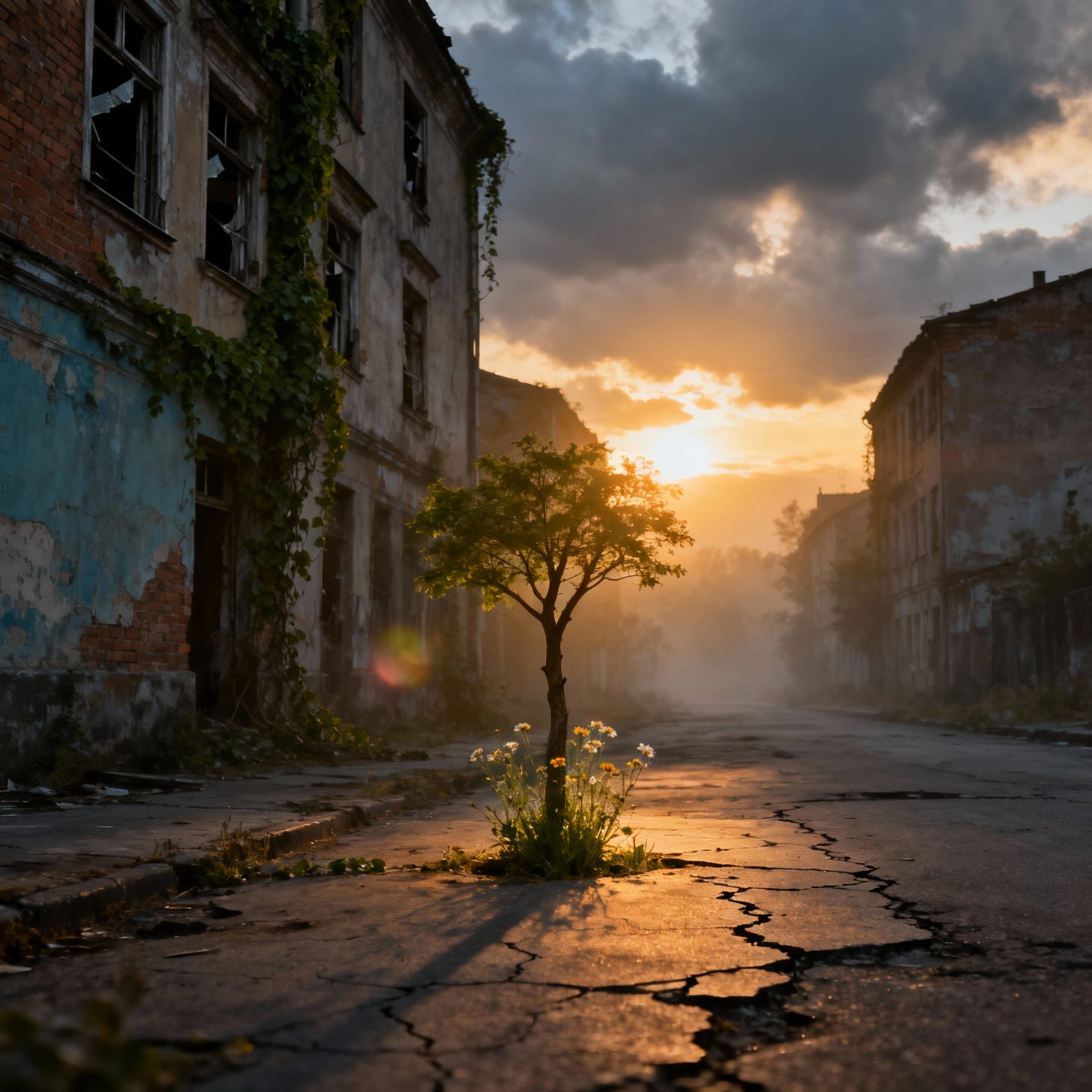 Cinematic Dawn Street with Tree