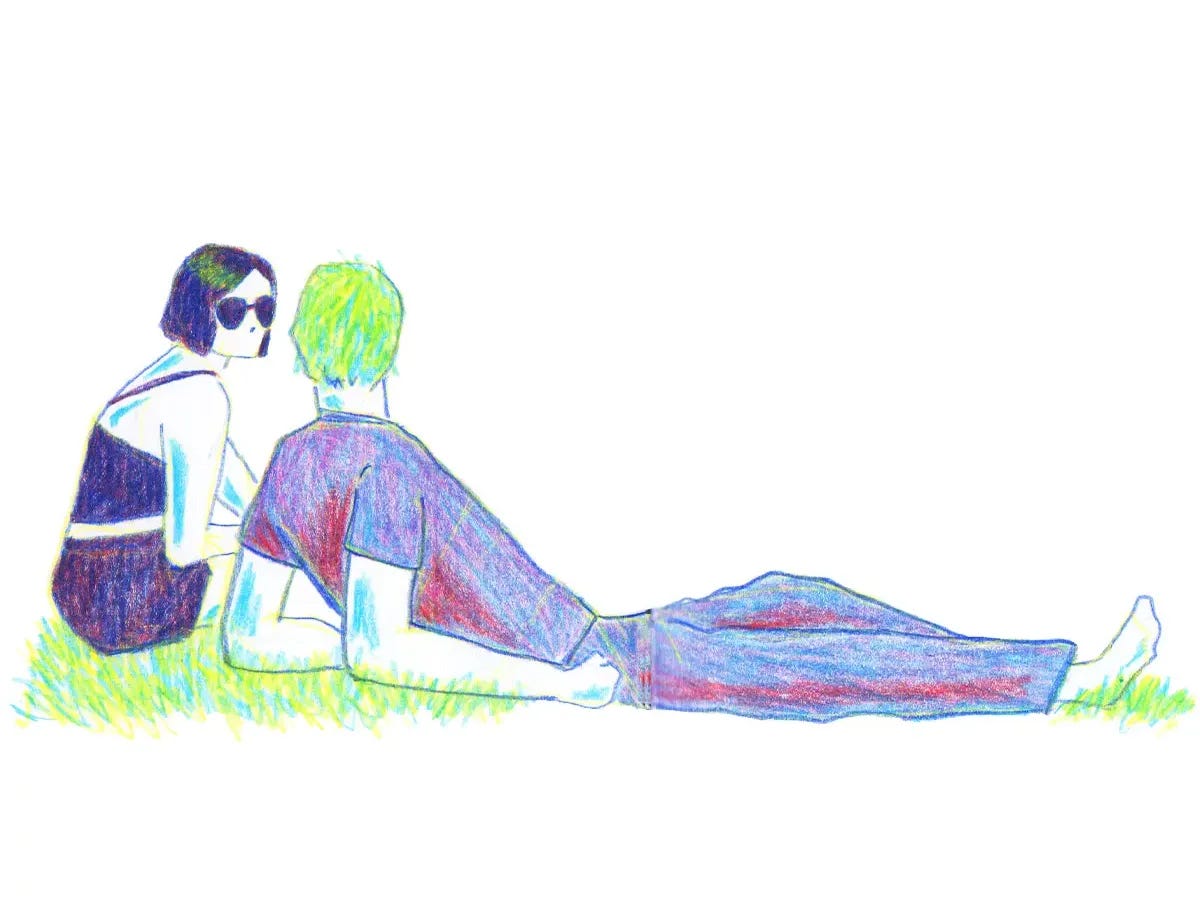 Sketch of two friends sitting and chatting on the grass in a park
