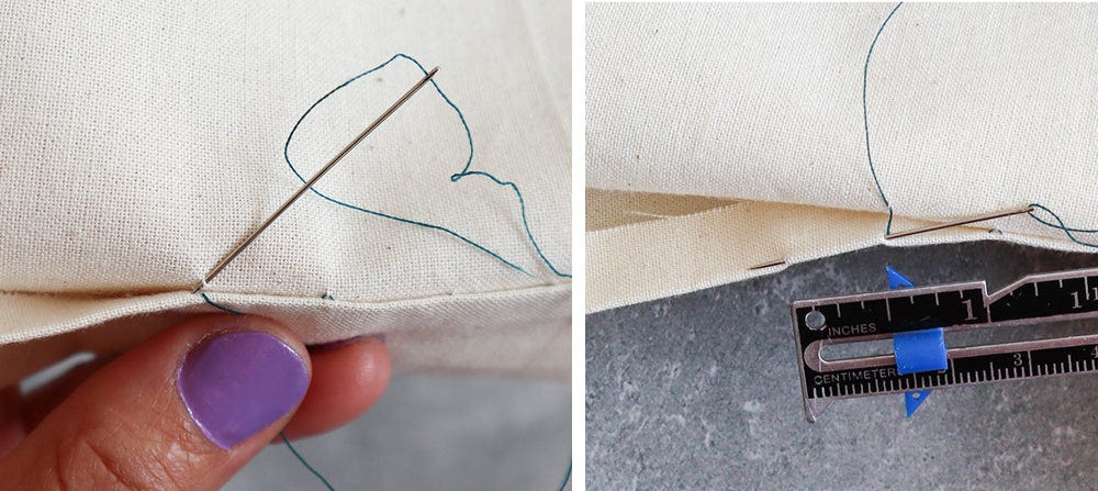 Cream muslin fabric with hem folded up, needle with teal thread sewing a slip stitchHow to sew a slip stitch | grainline studio