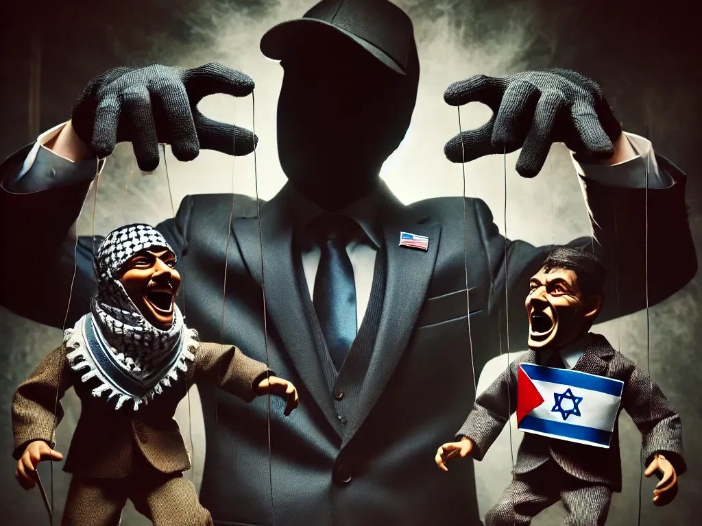 A shadowy CIA agent in a dark suit and tie, standing in a dimly lit room. His face is partially obscured by shadows, giving him a mysterious and secretive appearance. He holds two puppets on strings, manipulating them with both hands. One puppet represents a pro-Palestine protester, depicted with a keffiyeh and a passionate expression. The other puppet represents a pro-Israel American, wearing a suit with a small American flag pin. The two puppets are angrily shouting at each other, their faces contorted in rage, while the agent remains expressionless, controlling them from above. The background is dark and hazy, adding to the intrigue and tension of the scene.