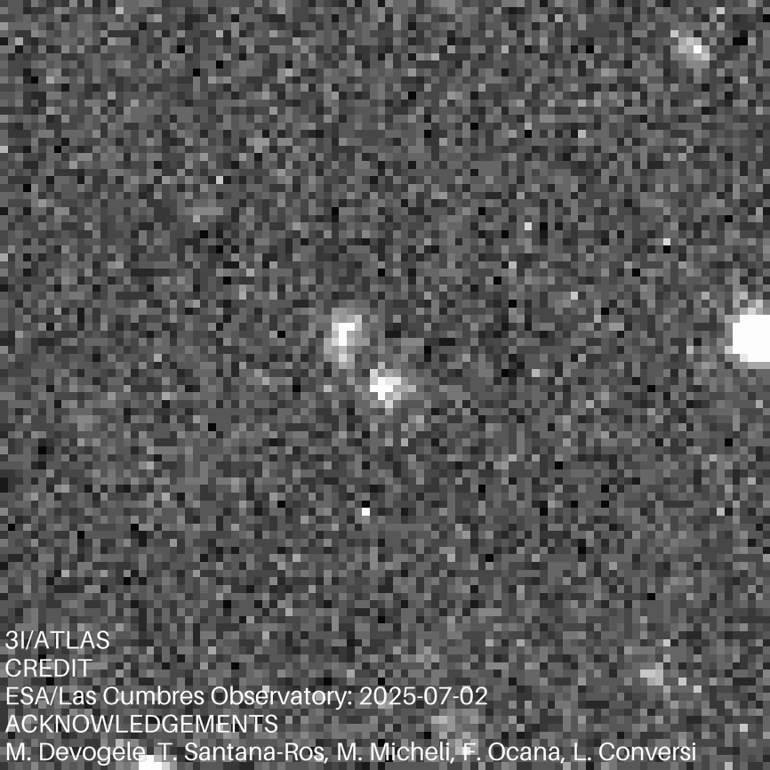 Black-and-white telescope image showing a small, bright object—possibly the third interstellar object—with a faint, curved shape among many scattered stars. Text at the bottom credits the observatory and researchers. Black-and-white telescope image showing a small, bright object—possibly the third interstellar object—with a faint, curved shape among many scattered stars. Text at the bottom credits the observatory and researchers.