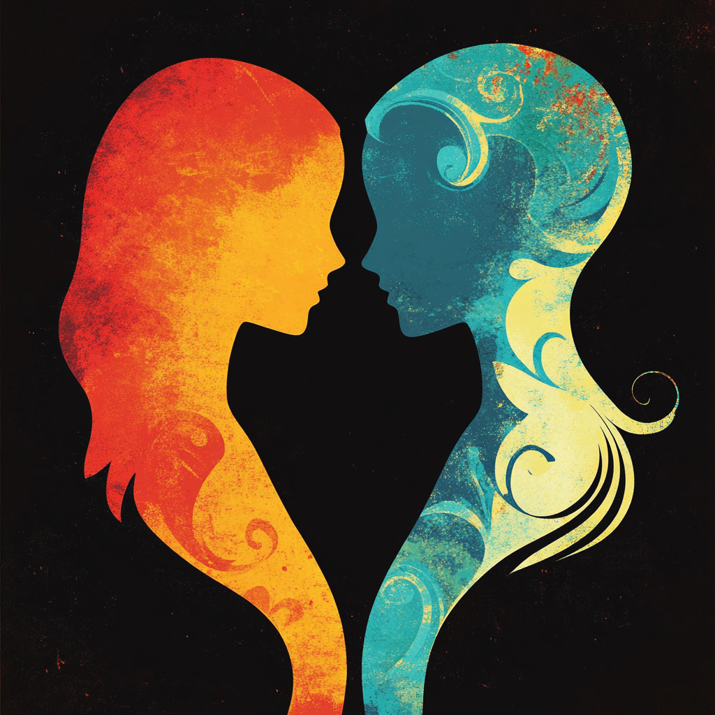 The image shows two stylized human head profiles facing each other, forming a heart shape in the negative space between them. The profile on the left is colored in warm tones of red, orange, and yellow, while the one on the right uses cool tones of teal, blue, and light yellow. Both profiles have decorative swirling patterns within them. The background is black, creating a strong contrast with the vibrant colors of the profiles. This abstract, symmetrical design appears to represent duality, balance, or perhaps the meeting of opposites.