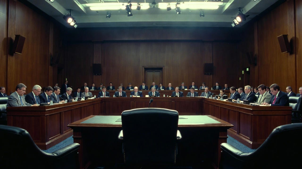 Empty witness chair and microphone in a dimly lit US Senate confirmation hearing room, viewed from the back of the chamber with long mahogany desks and seated senators in the background, formal wood-paneled interior under bright institutional lighting, photorealistic cinematic style. Empty witness chair and microphone in a dimly lit US Senate confirmation hearing room, viewed from the back of the chamber with long mahogany desks and seated senators in the background, formal wood-paneled interior under bright institutional lighting, photorealistic cinematic style.