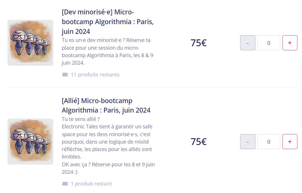 capture d'écran des billets "dev minorisées" et "alliés" sur la boutique HelloAsso