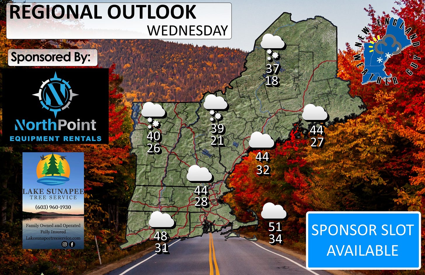 May be an image of map, road and text that says 'REGIONAL OUTLOOK WEDNESDAY Sponsored By: 37 18 NorthPoint EQUIPMENT RENTALS 40 26 39 21 44 27 LAKE SUNAPEF® TREESERVICE TREE SERVICE (603)960-1930 (603) 960-1930 44 32 ParnilsOhnerdandOperated Owned and Operated Family 44 28 南曜 48 31 51 34 SPONSOR SLOT AVAILABLE'