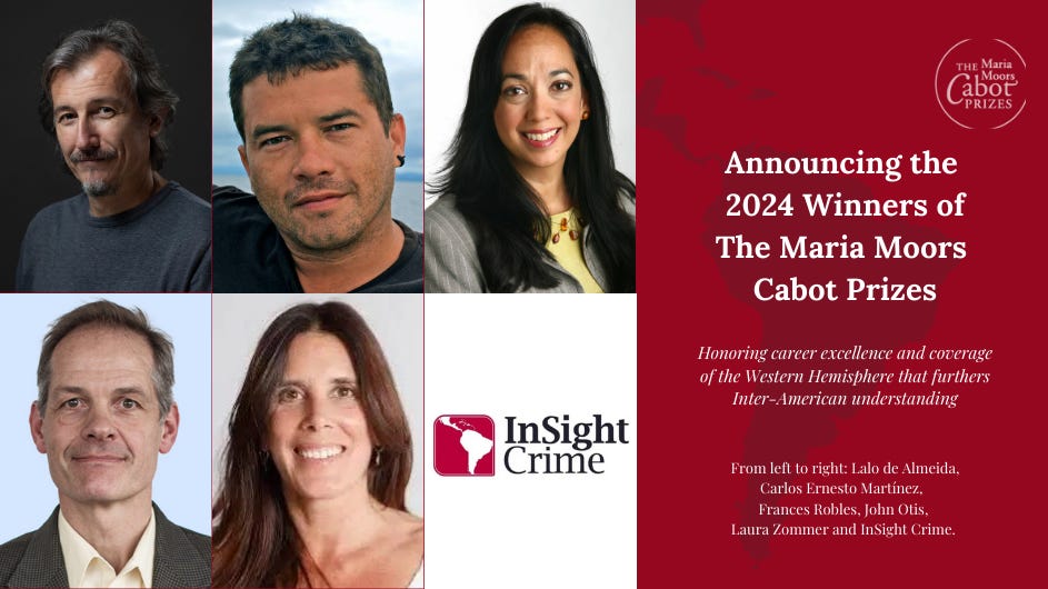 Six photos showing the 2024 Maria Moors Cabot honorees, alongside a graphic showing the map outline of Central and South America