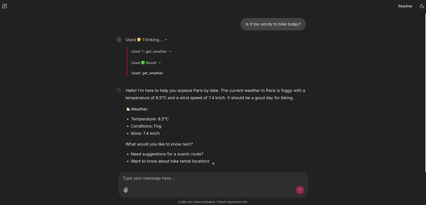 A screenshot showing the agent calling the weather tool and presenting the live conditions: 8.5°C and 7.4 km/h wind.