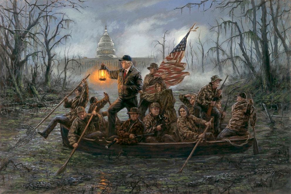 Illustration of crossing the swamp representing fake news and media challenges Illustration of crossing the swamp representing fake news and media challenges