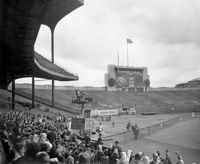 The pole in its final position beyond the moveable left field fence in Cleveland Stadium. The pole in its final position beyond the moveable left field fence in Cleveland Stadium.