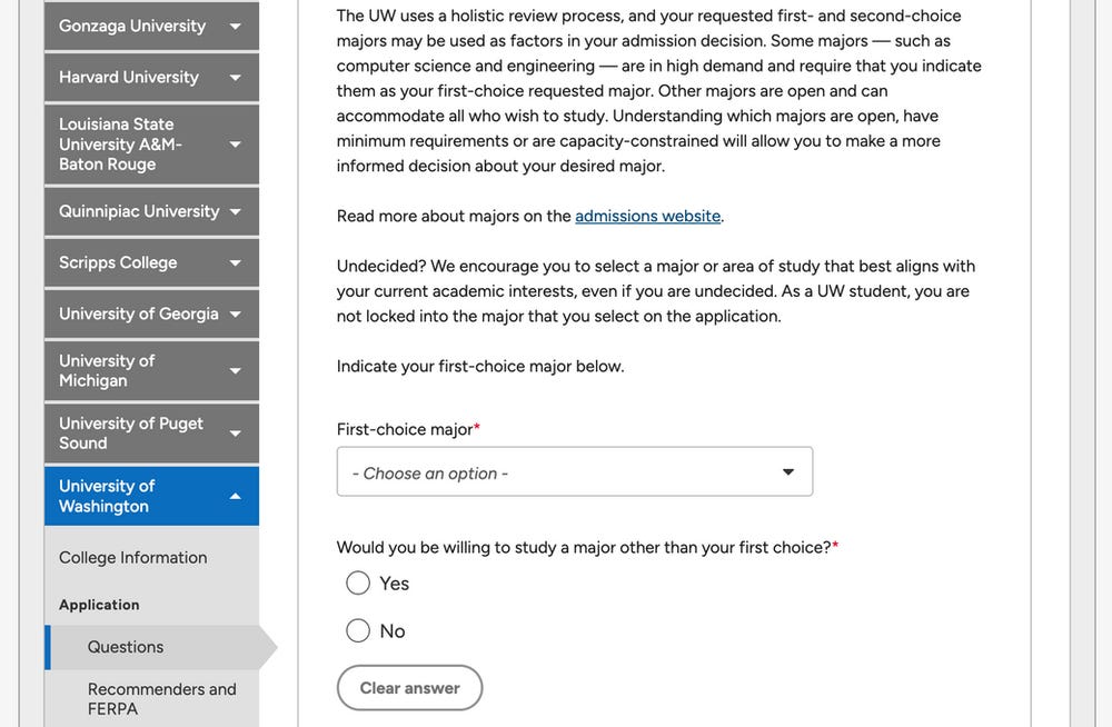 Photo of UW Common App page