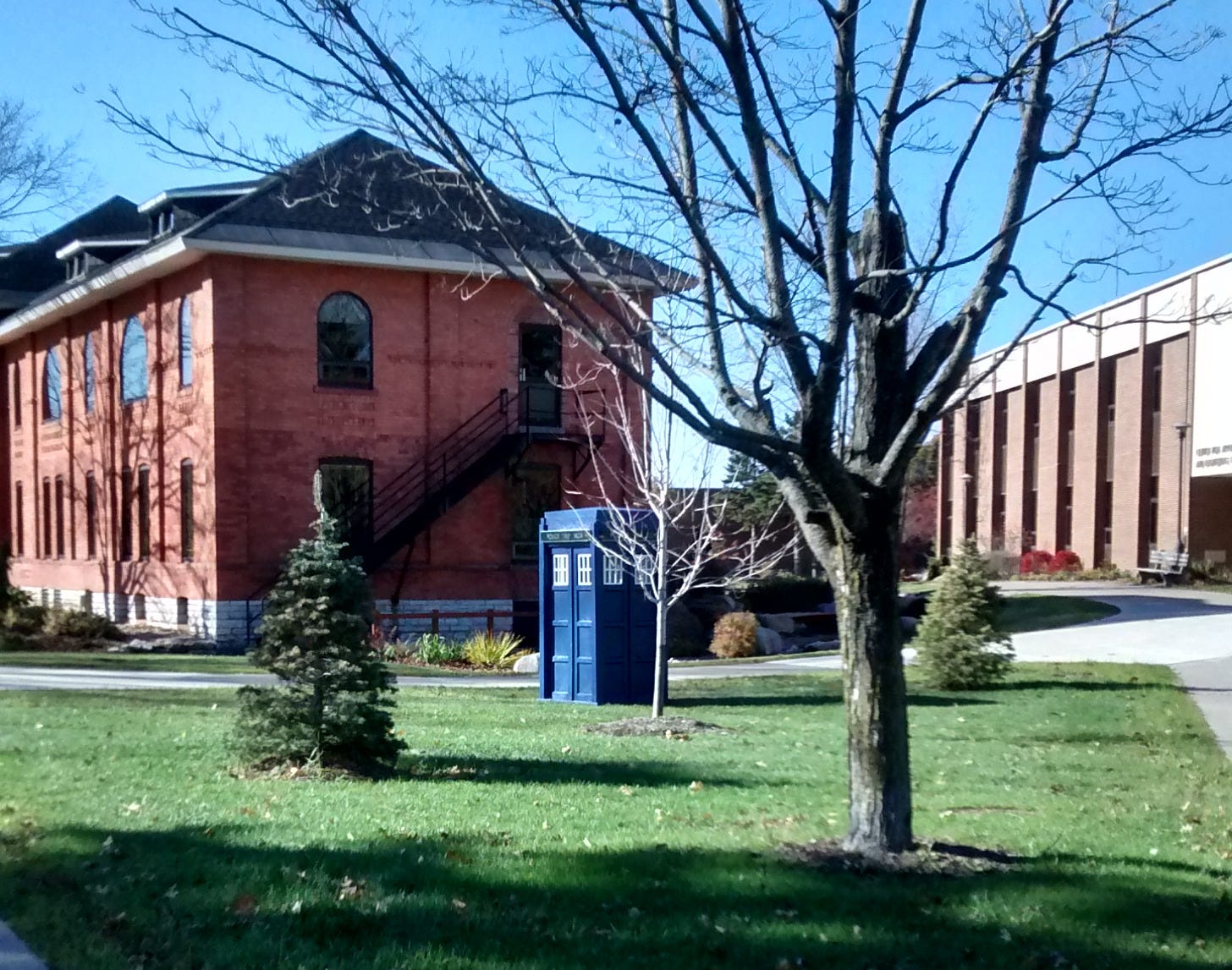 the Tardis on the campus of LSSU.