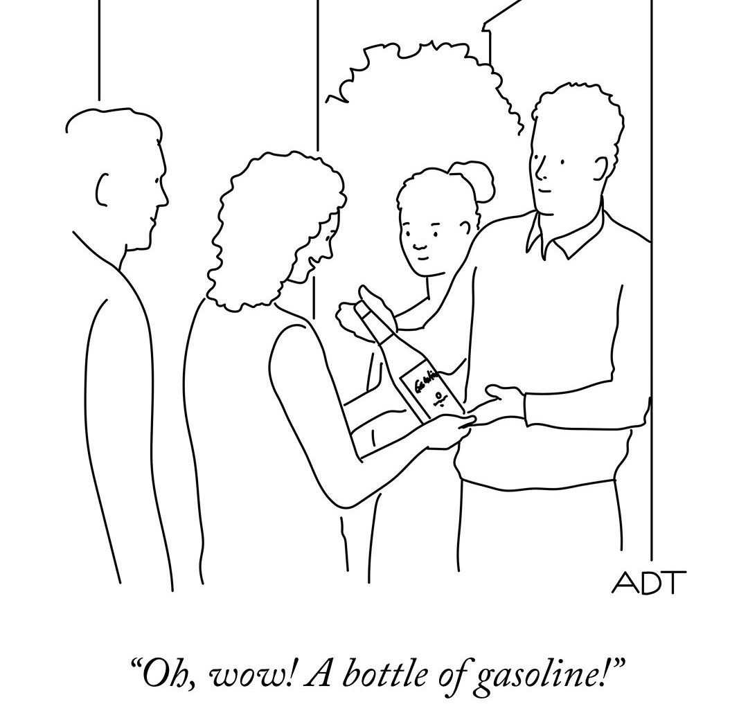 May be an illustration of one or more people and text that says 'ADT "Ob, wow! A bottle of fgasoline!"'