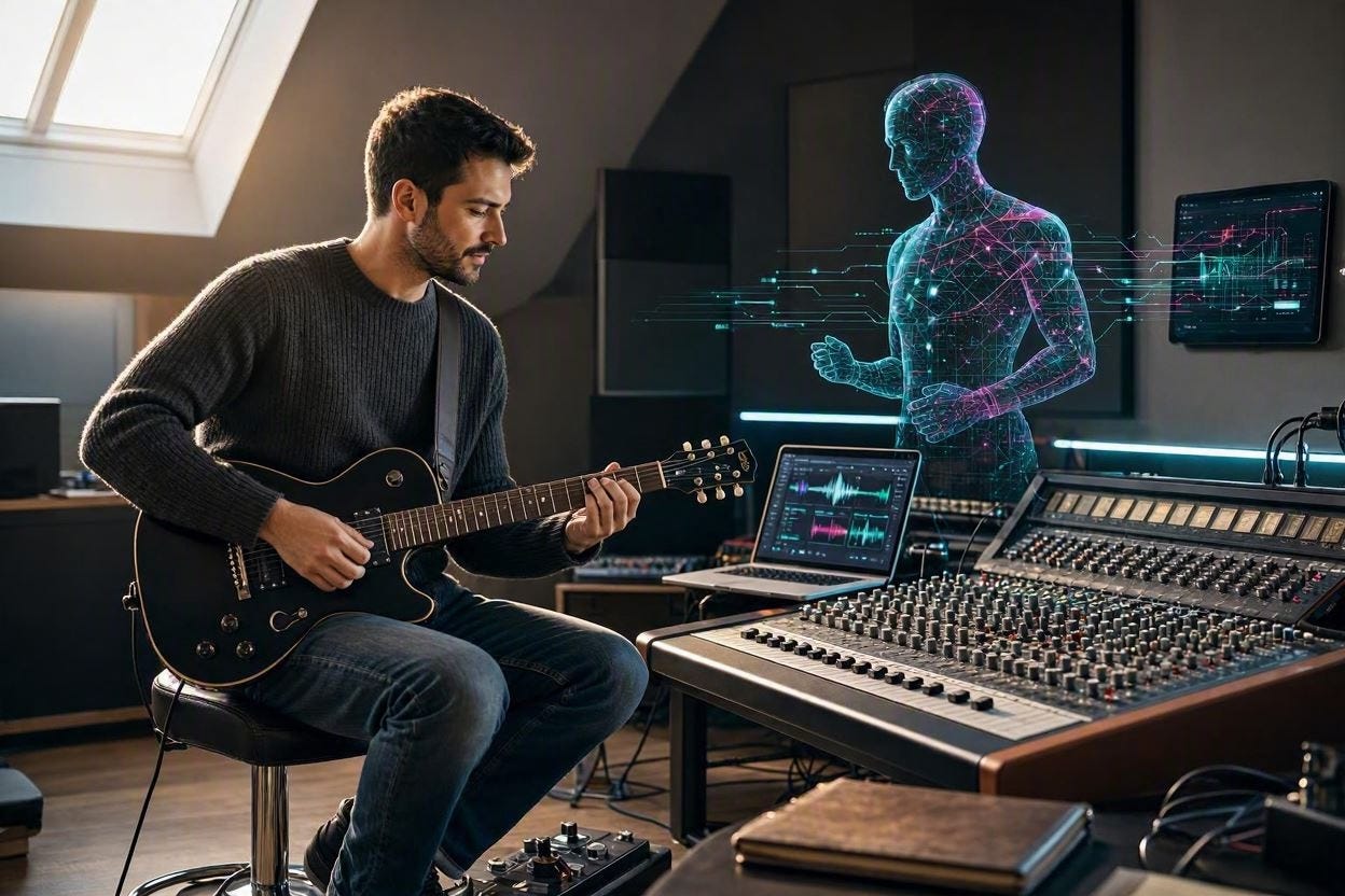 A modern image of AI and a musician working together creatively 
