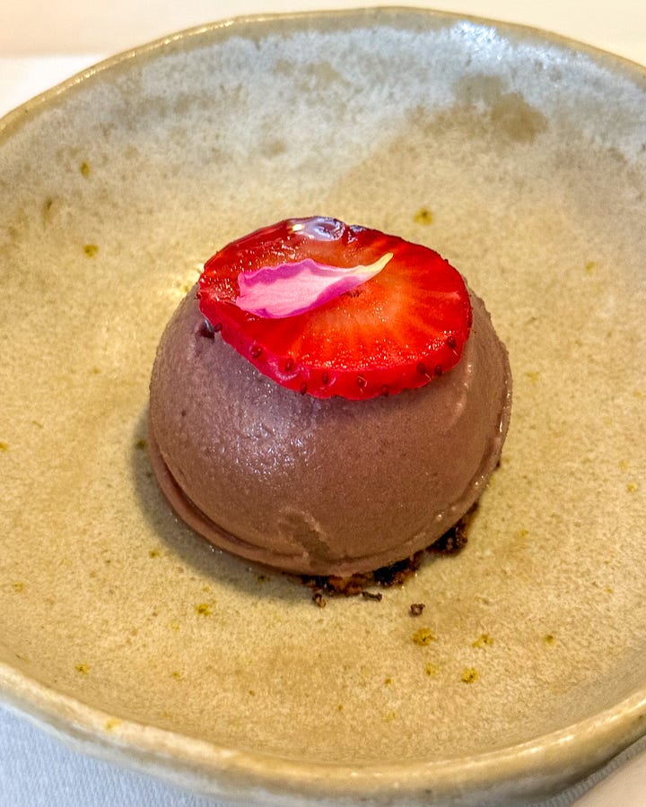 Fraisier with black olive sorbet at Datil restaurant, Paris
