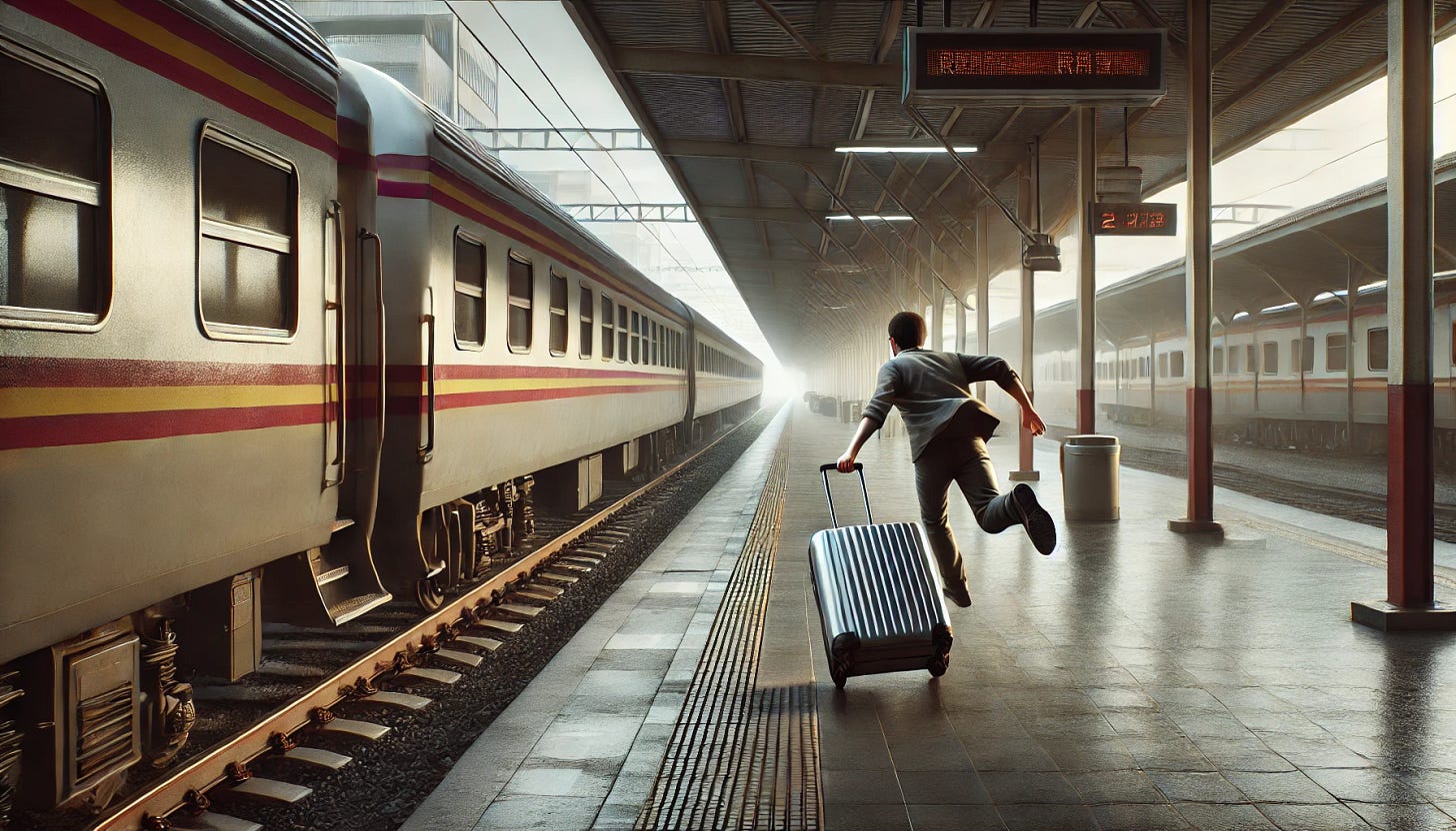 A realistic scene of a person running after a departing train on a train platform, holding a luggage trolley. The person is in motion, leaning forward, desperately trying to catch the train, which is already pulling away. The train doors are closed, and the wheels are in motion. The platform has a few scattered passengers, some watching the scene while others wait for the next train. The atmosphere is slightly overcast, with a strong sense of urgency, panic, and missed opportunity.