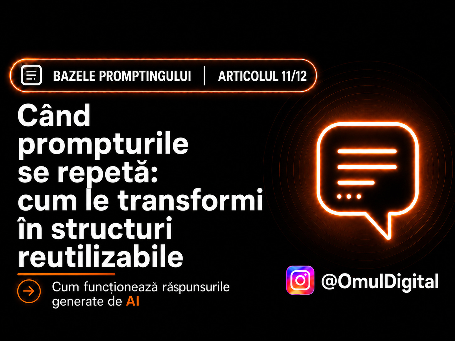 Cover pentru seria „Bazele promptingului” de la Omul Digital, cu titlul articolului, icon de chat și design mov dedicat materialelor despre prompt engineering.