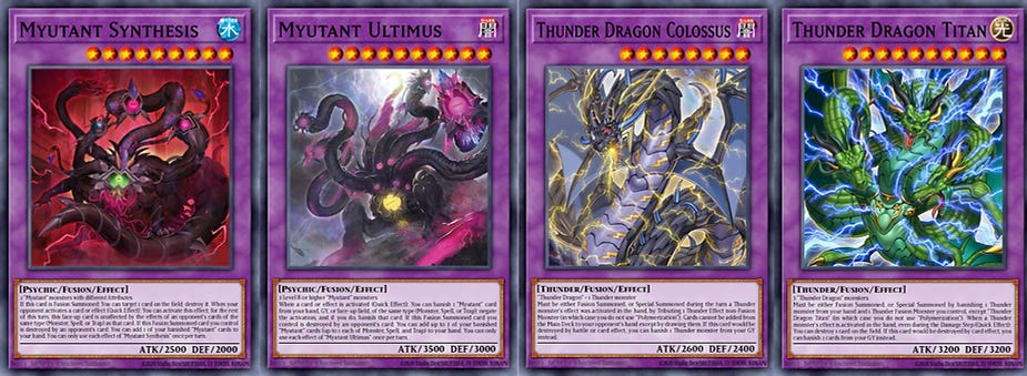 Four Yu-Gi-Oh! cards: Myutant Synthesis, Myutant Ultimus, Thunder Dragon Colossus, and Thunder Dragon Titan, each with unique designs and effects.