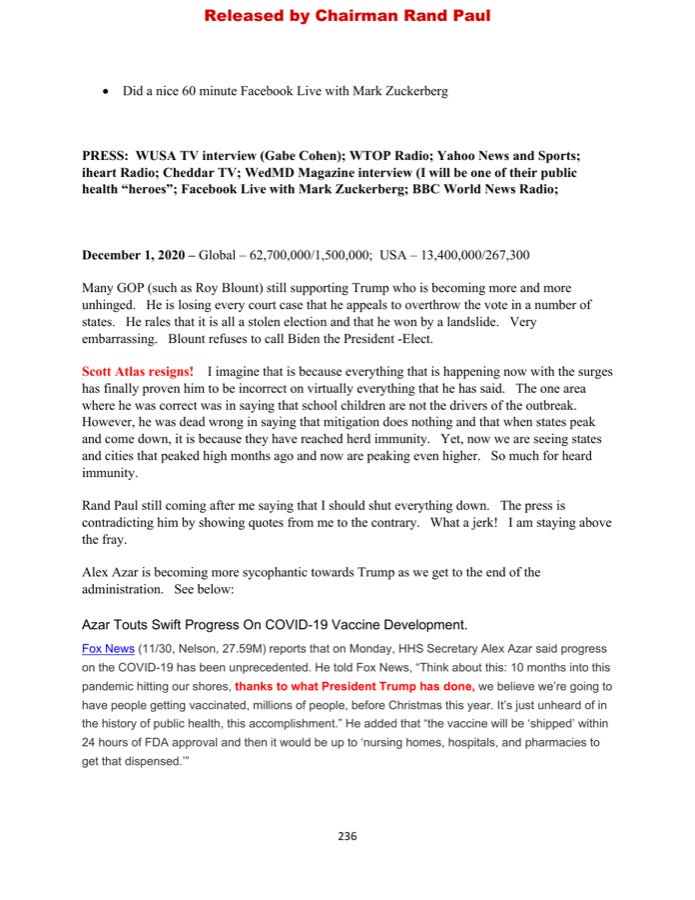 Fauci diary page — December 1, 2020 entry on Scott Atlas resignation Fauci diary page — December 1, 2020 entry on Scott Atlas resignation