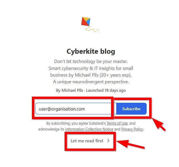 Cyberkite blog subscription page with text field for email, blue "Subscribe" button, and "Let me read first" link highlighted.