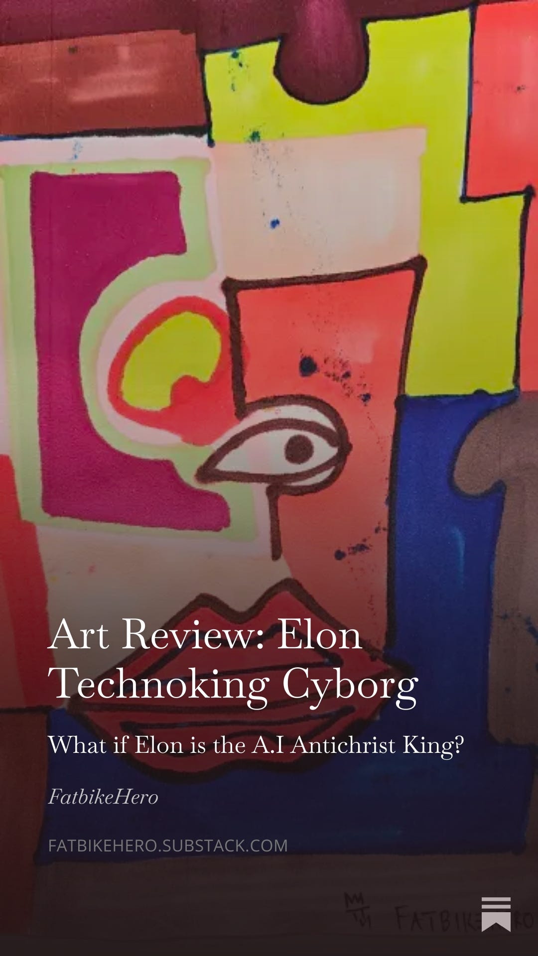 Alt Text: "FatbikeHero (b. 1983) Elon Technoking Cyborg artwork using ink paint markers to demonstrate the permanence of the static image. A critique of AI video smoothness."