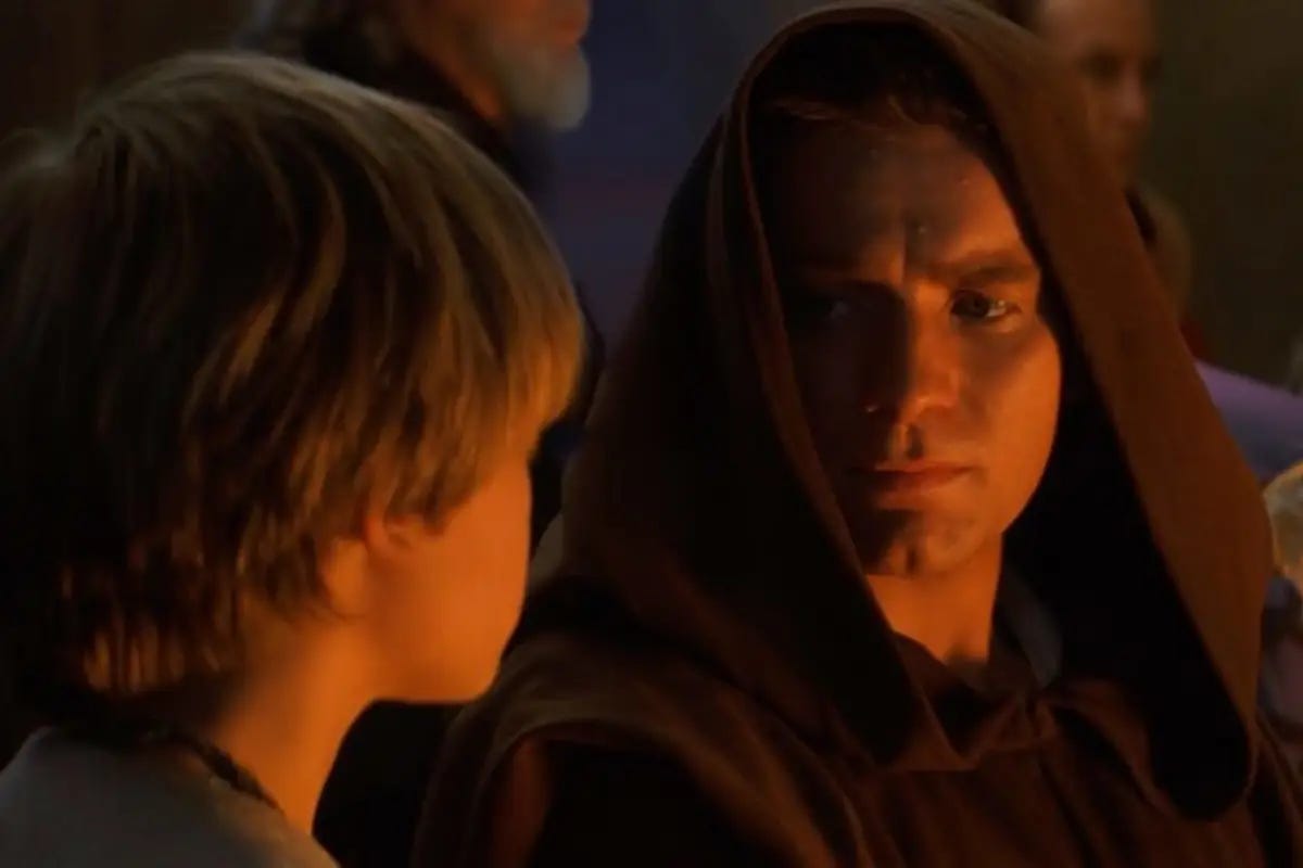 A young Anakin Skywalker and Obi-Wan Kenobi near the beginning of their brother-like relationship, many years before their parting during 'Revenge of the Sith,' during Qui-Gon Jinn's funeral during 'The Phantom Menace." A young Anakin Skywalker and Obi-Wan Kenobi near the beginning of their brother-like relationship, many years before their parting during 'Revenge of the Sith,' during Qui-Gon Jinn's funeral during 'The Phantom Menace."