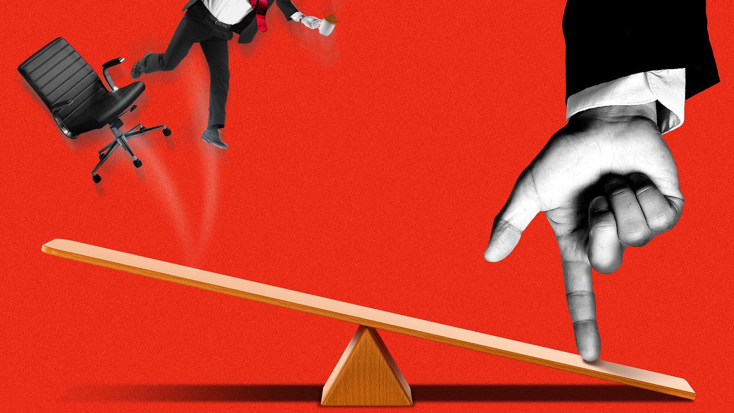 An illustration of  large hand in a black suit pressing down one end of a wooden seesaw, causing a smaller employee to fly into the air