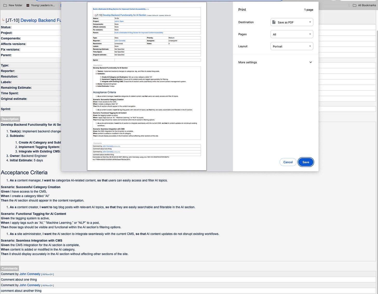 The Chrome print dialog saving a Jira ticket as a PDF, with its description, acceptance criteria and comments in the preview. The Chrome print dialog saving a Jira ticket as a PDF, with its description, acceptance criteria and comments in the preview.