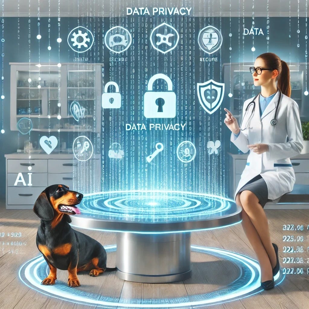 A futuristic veterinary clinic scene emphasizing data privacy and ethical AI implementation. A veterinarian is interacting with a sleek, holographic AI interface that visually represents data encryption with secure symbols like padlocks and shields, and visible text spelled correctly as 'security.' The clinic is bright, clean, and professional, with advanced technology in the background. A calm pet owner sits beside their happy dachshund, symbolizing trust and transparency in AI usage. The scene conveys a responsible, futuristic approach to veterinary care, highlighting professionalism, security, and ethical considerations.