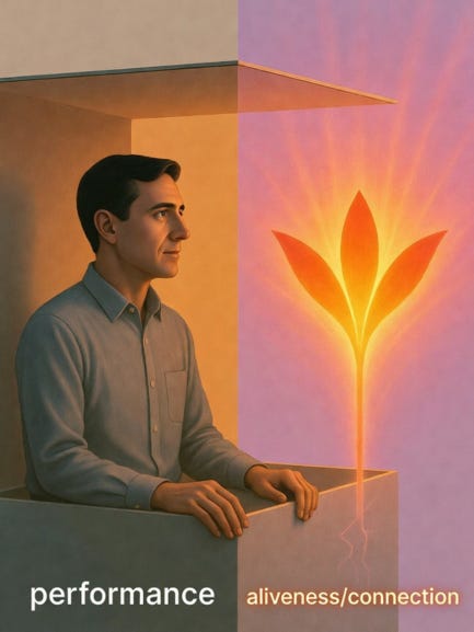 A split symbolic image: On the left, a bearded man in his 30s sits inside an orange box with hands clasped in a thoughtful or prayer-like pose, looking upward. The background is solid warm orange, labeled 'performance' at the bottom. On the right, a simple glowing yellow-orange flower shape with dotted rays appears against a vibrant pink-purple gradient, labeled 'aliveness/connection' at the top. Represents trapped performance versus emerging vitality and connection A split symbolic image: On the left, a bearded man in his 30s sits inside an orange box with hands clasped in a thoughtful or prayer-like pose, looking upward. The background is solid warm orange, labeled 'performance' at the bottom. On the right, a simple glowing yellow-orange flower shape with dotted rays appears against a vibrant pink-purple gradient, labeled 'aliveness/connection' at the top. Represents trapped performance versus emerging vitality and connection