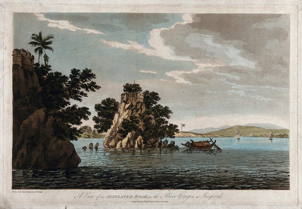 A coloured etching of a rock outcrop jutting out of the river Ganges in India, painted by William Hodges, and is currently part of the Wellcome Collection.