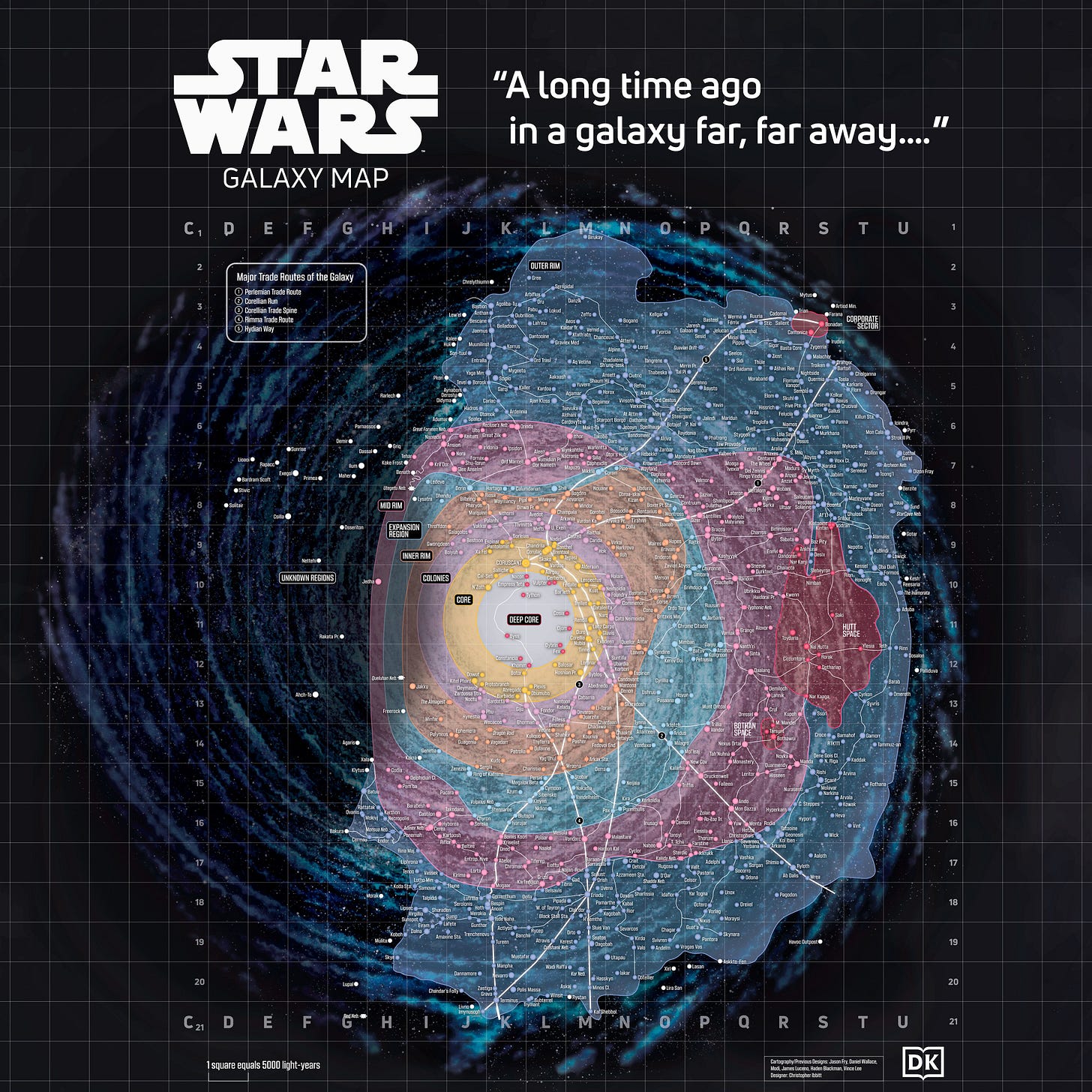 Star Wars Galaxy Map: "A long time ago in a galaxy far, far away..." offers a detailed map view of the galaxy including key regions, planets, and trade routes. Note: 1 square on the map is the equivalent of 5,000 light years