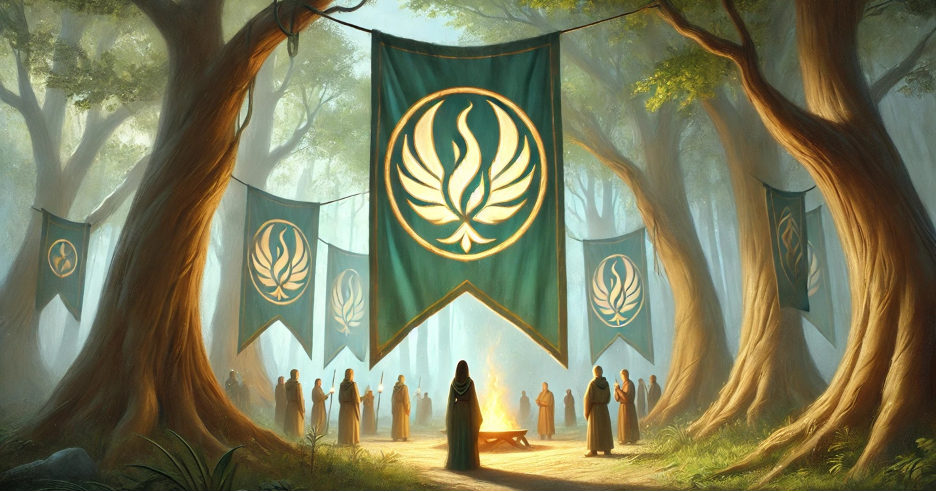 Fantasy novel image of cloaked villagers in the forest with green banners - wing and flame sigil - #TheVillageOfWings #AuthorHeatherMurata #EcoFantasy #EcoFiction #FantasyNovel