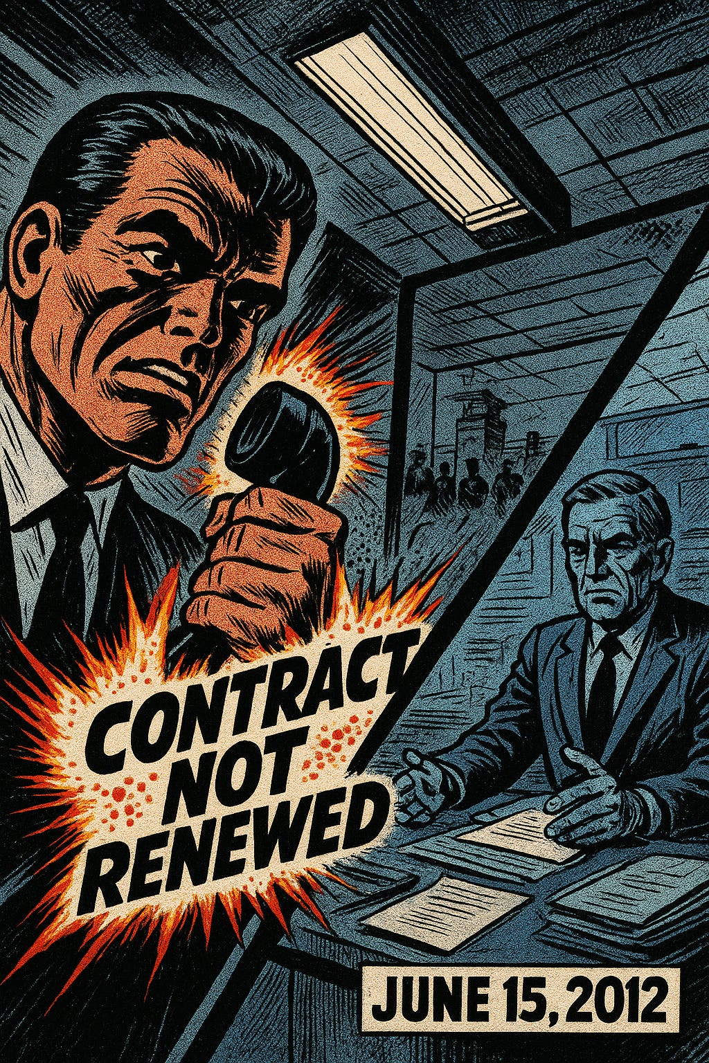 Jack Kirbystyle dramatic comic book panel: Lowangle shot looking up at a stark government office with harsh fluorescent lighting creating dramatic shadows. In the foreground, ERIC NORDSTROM, depicted in heroic proportions with strong facial features etched in concern and frustration, grips a phone receiver with white knuckles, his face partially shadowed. Kirby crackle energy radiates from the phone like electric tension. Across the composition, visualized through a splitscreen effect with bold diagonal dividing line, C. LAMB sits at a desk surrounded by bureaucratic papers and documents, rendered in cold blues and grays, face stoic and shadowed, hand gesturing dismissively. Between them, explosive Kirby dots burst outward symbolizing the impact of the words 'CONTRACT NOT RENEWED' which appear in bold, angular lettering. The background shows fragmented images of a distant compound and security personnel fading like ghosts, emphasized with BenDay dots and heavy ink work. Deep shadows cut across both figures at dramatic angles. The overall composition uses extreme perspective with converging lines creating tension, dominated by stark blacks and limited color palette of grays, blues, and strategic red highlights. Dense crosshatching emphasizes the weight of the moment. June 15, 2012 date stamp in corner in bold Kirbystyle lettering. Jack Kirby comic book art style, dynamic composition, bold inking, dramatic angles, high contrast black and white with color accents, 1960s Marvel Comics aesthetic, Kirby dots energy effects.png