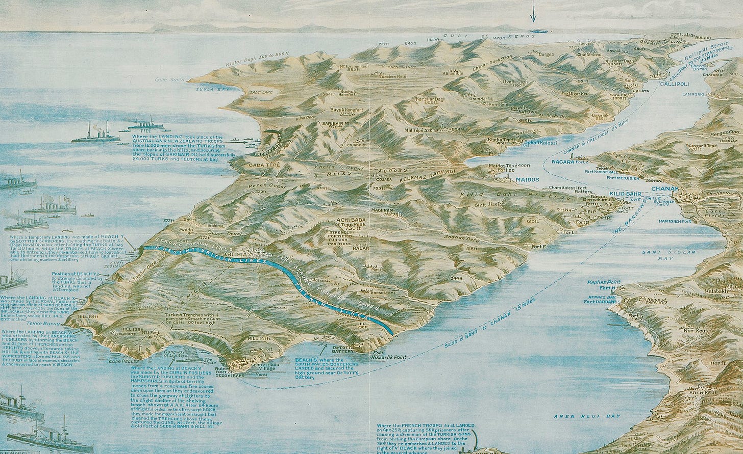 The map highlights the narrowest part of the peninsula between Gaba Tepe (south of ANZAC) and Maidos and "The Narrows" of the Dardanelles between Kilid Bahr and Chanak.