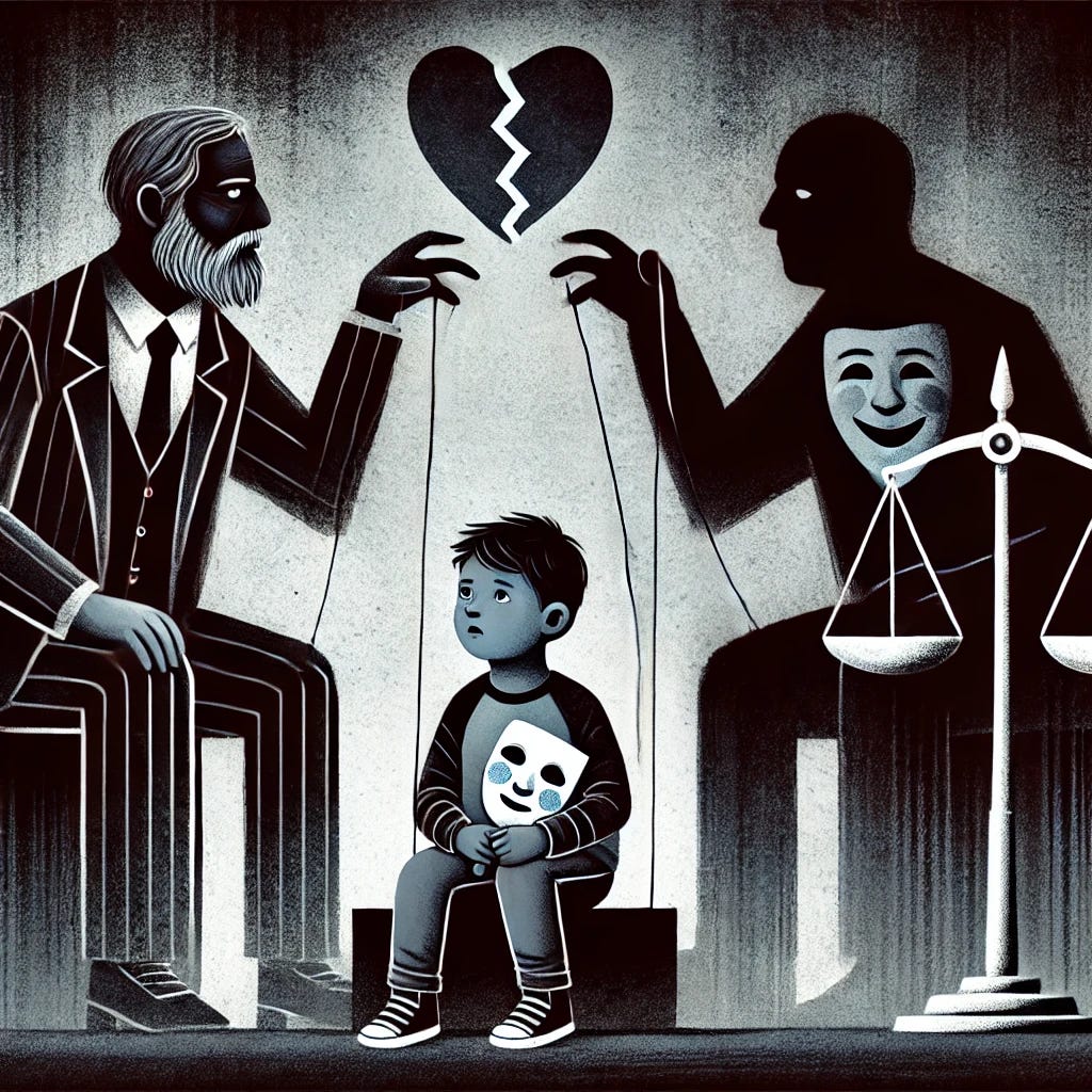 A symbolic illustration of a child sitting between two large shadowy figures, representing narcissistic parents. One figure holds a puppet string attached to the child, while the other figure holds a mask of innocence. The child looks confused and sad, clutching a small photo of themselves with an unseen parent. The background features a fragmented heart and a scale of justice tipped heavily to one side. The overall tone is somber, using dark shadows and muted colors to emphasize the emotional weight and manipulation in the scene.