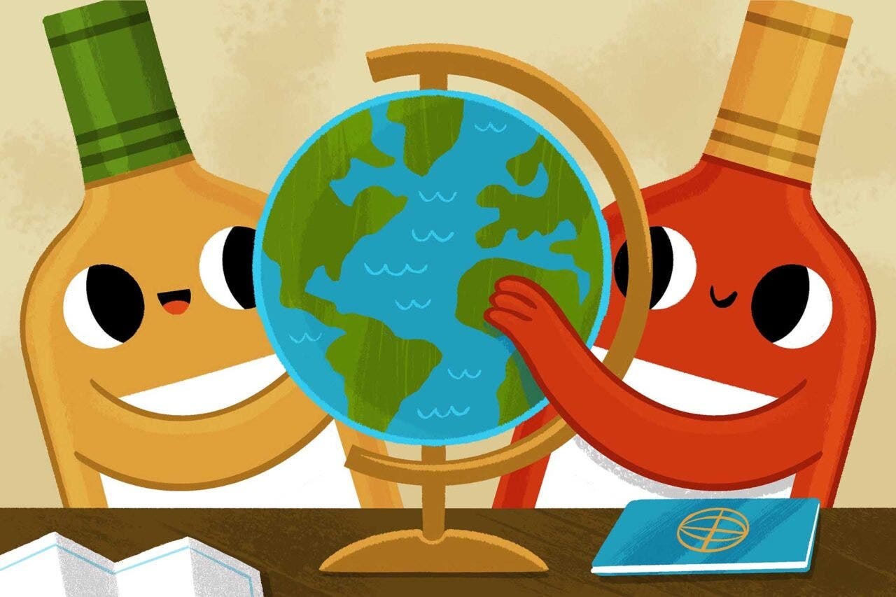 Old World wine illustration of 2 wine bottles looking at a globe.