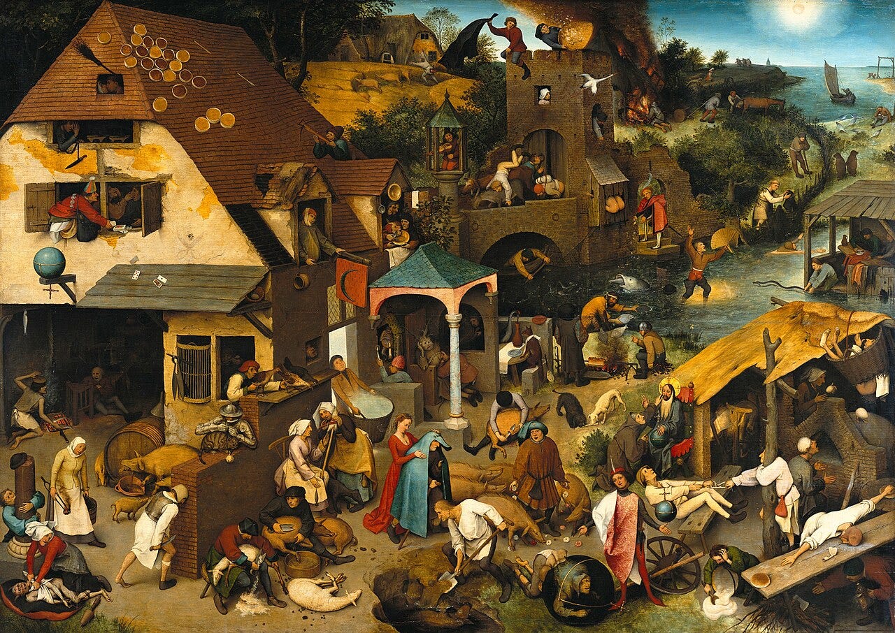 Village scene crowded with proverbs