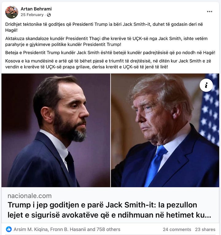 The attached screenshots depict a series of Facebook posts by Artan Behrami, which exemplify his campaign against the Kosovo Special Chambers.