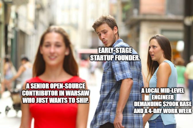 Startup founder meme comparing a senior open-source contributor with a demanding local mid-level engineer. Startup founder meme comparing a senior open-source contributor with a demanding local mid-level engineer.