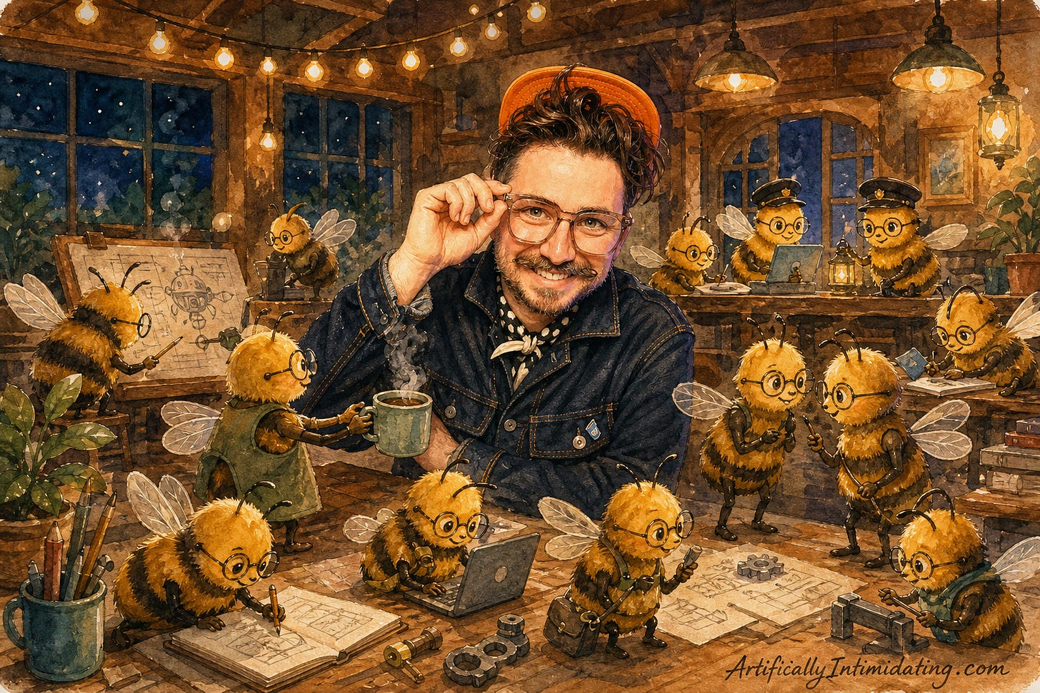 The author in an orange cap seated among a warm nighttime community of cartoon bees working at laptops and workbenches under string lights.