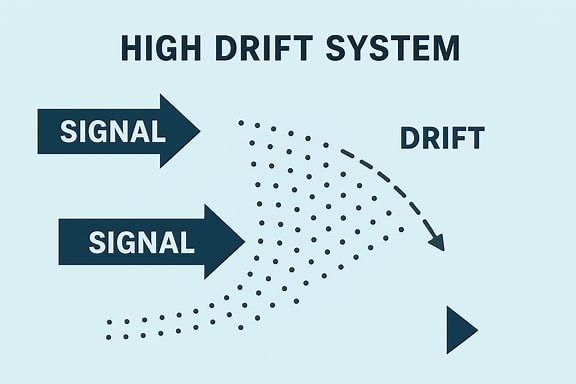 An abstract conceptual image for the essay titled 'The High Drift System'. The composition should evoke systemic fragmentation, signal decay, and human-machine continuity. Use layered visual motifs: broken transmission lines, drifting data shards, fading institutional grids, and a central thread of coherence struggling to hold. The color palette should be cool and archival—grays, muted blues, and pale neutrals—with one warm accent (a thin red or orange thread) representing the operator’s protocol. No literal machines or people—pure systems abstraction. An abstract conceptual image for the essay titled 'The High Drift System'. The composition should evoke systemic fragmentation, signal decay, and human-machine continuity. Use layered visual motifs: broken transmission lines, drifting data shards, fading institutional grids, and a central thread of coherence struggling to hold. The color palette should be cool and archival—grays, muted blues, and pale neutrals—with one warm accent (a thin red or orange thread) representing the operator’s protocol. No literal machines or people—pure systems abstraction.