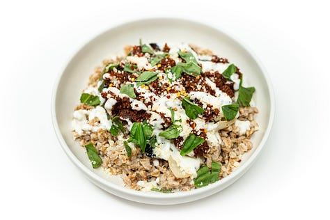 Six overhead photos of colorful, chef-styled grain and vegetable bowls featuring variations of ground meat, greens, roasted vegetables, sauces, and garnishes, inspired by a viral cottage cheese beef bowl recipe.