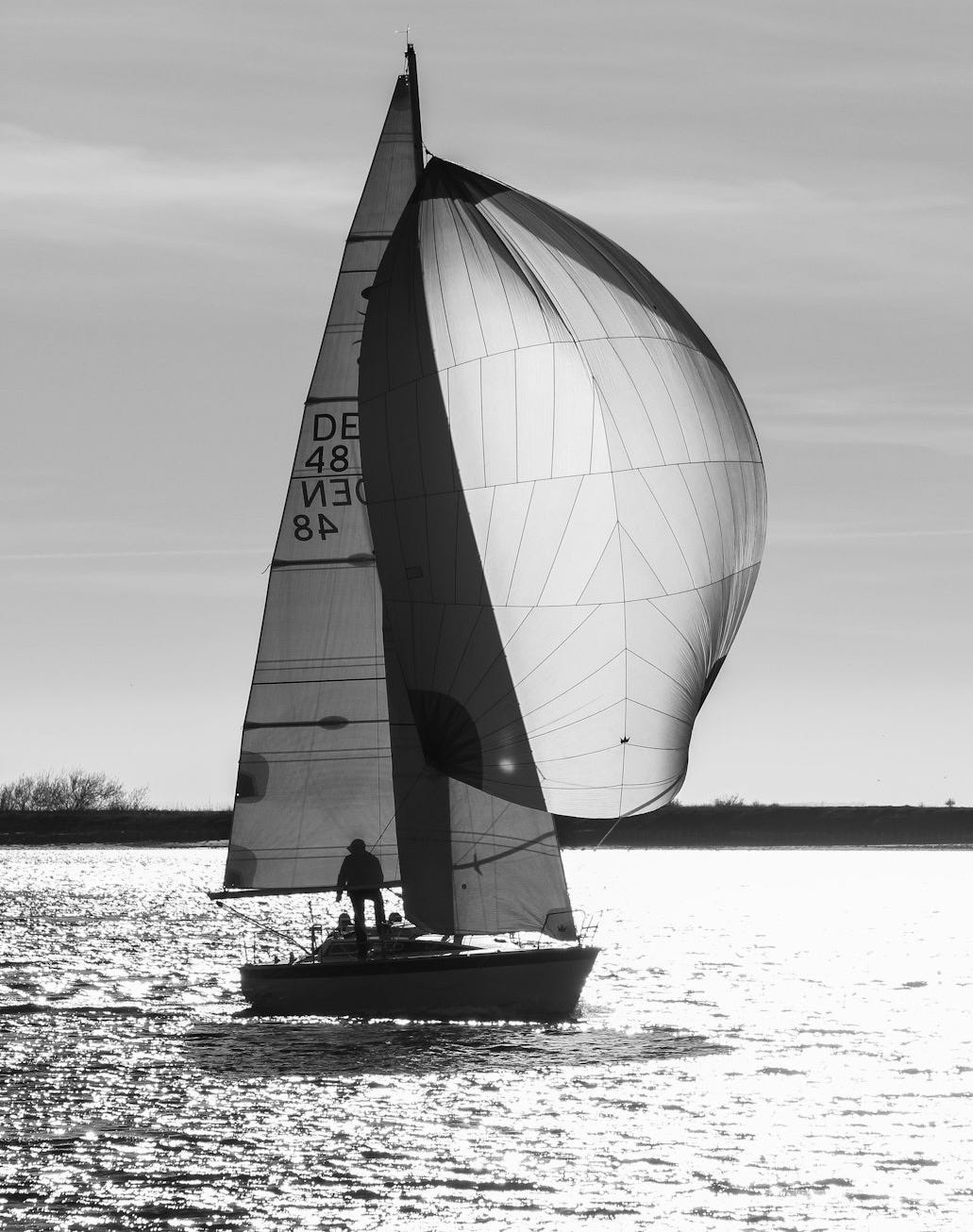 a black and white photo of a sailboat on the water