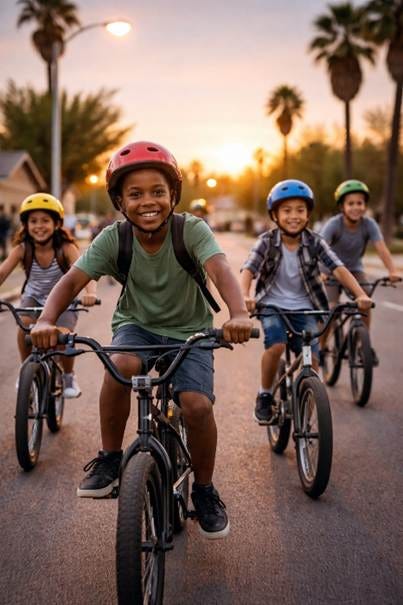 A group of children riding bicycles together on a paved path during a sunset.
AI-generated content may be incorrect.