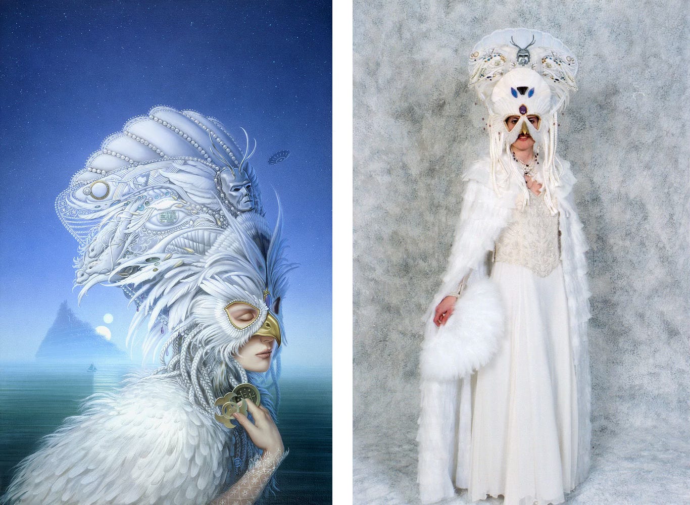 LEFT: THE SNOW QUEEN (1988), Acrylic on Panel - 36” x 24”. A queen in ornate headdress and white feathered cloak holds out two metal trinkets. One is reminiscent of a biohazard symbol. The other is a star chart with two crosses. The beak of her mask and contour around her eyes stand out in muted gold. Otherwise the painting is very cool in tone. An opal is set on her forehead, over more feathers the sweep outward. White braid fall around her delicate, pale face. Placid green-blue water extends behind her to a sailboat and a tiered city that rises like a lopsided pyramid. A sun emerges from behind the city with another smaller orb not far ahead of it in ascension. In the upper right, a fan shaped spacecraft glides the heavens.  RIGHT: Anne Brunsgaard as The Snow Queen in 2004 posed in floor length white gown with patterned bodice and intricate headpiece. Her intricate headpiece features the sweeping fan with a silver face/mask with long antler top center.