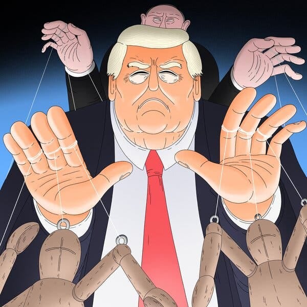 An illustration of Donald Trump dangling puppets from his fingers, with Vladimir Putin in the background.