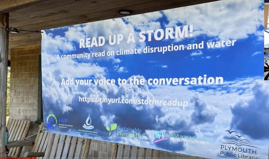 A banner with a background of blue sky and white clouds displays the following white text: Read Up A Storm! A community read on climate disruption and water. Add your voice to the conversation. The bottom of the banner lists a url for the project and the logos of the sponsoring organizations. A banner with a background of blue sky and white clouds displays the following white text: Read Up A Storm! A community read on climate disruption and water. Add your voice to the conversation. The bottom of the banner lists a url for the project and the logos of the sponsoring organizations.