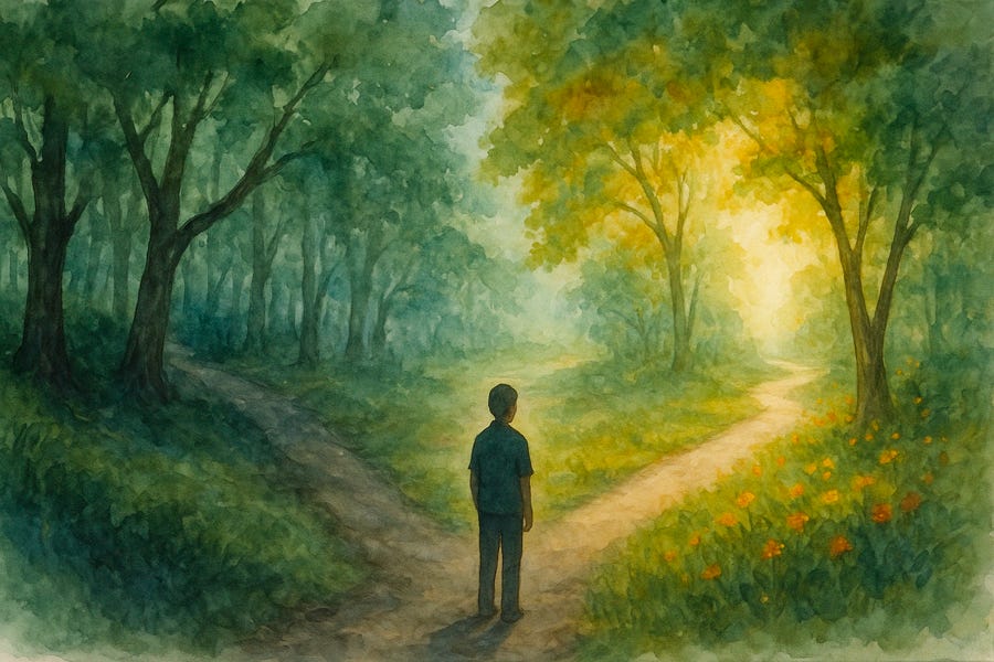 Watercolor painting of a person at a fork in a forest path, choosing between a shadowed trail and a sunlit one, symbolizing the risk of leaving safety to pursue growth.