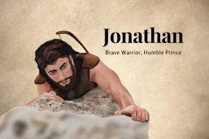 An illustration of Jonathan in the Bible climbing a rock